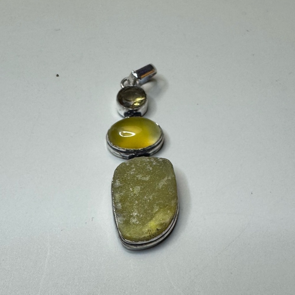 Yellow Quartz Druzy and Smoky Topaz 925 Silver Plated Pendant 2.4"